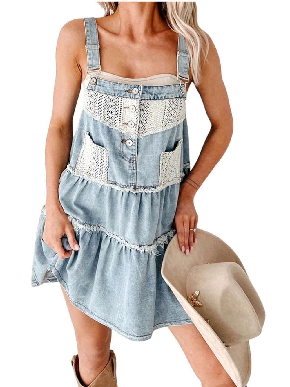 Women’s Light Blue Denim Sundress with Crochet Panels - Picture 1 of 3